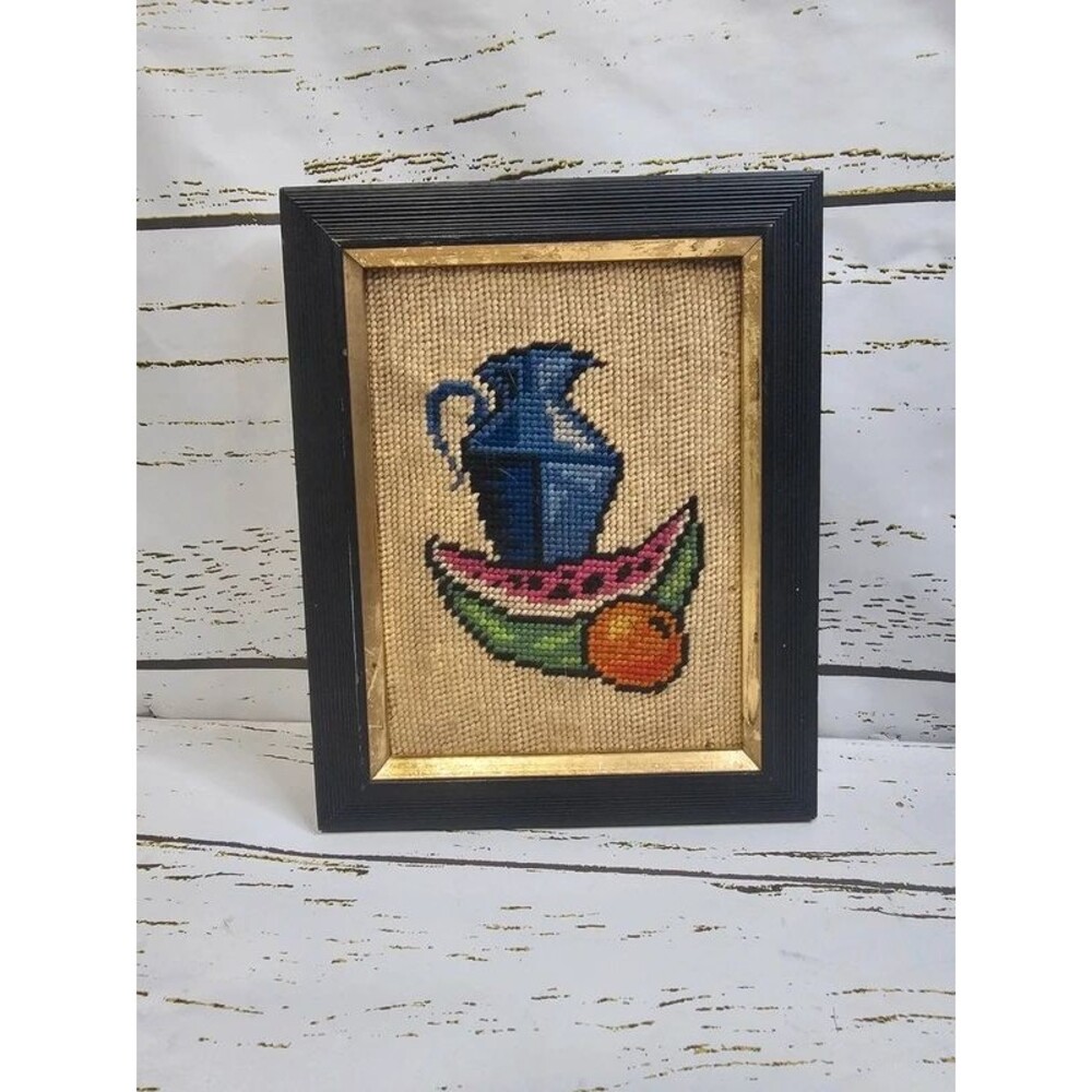 Vintage 1970s Framed Needlepoint Fruit Still Life Folk Art Hattiesburg MS